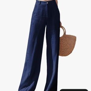 Hooever Women’s Cotton Linen High Waisted Wide Leg Trousers (with belt)